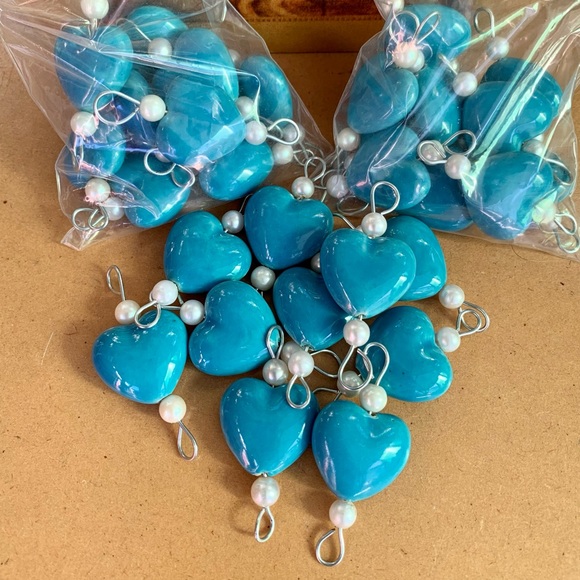 Blue Glazed Ceramic Porcelain Hearts & Pearl Beads W Metal Links (lot 10 links) - Picture 9 of 11